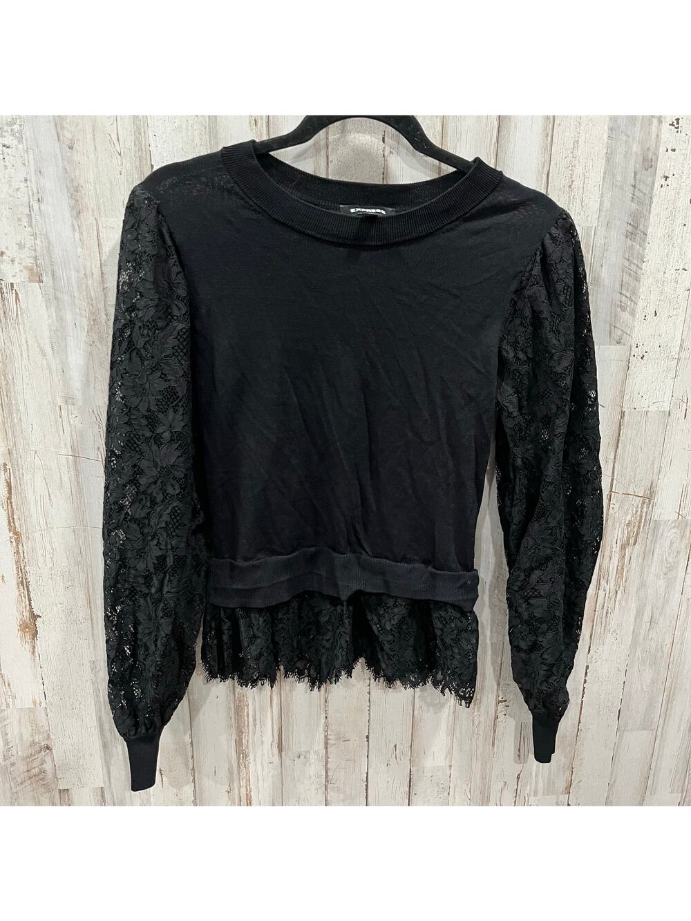 Express Black Lace Peplum Puff Sleeve Top Whimysgoth Womens Size Medium